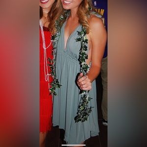 Olive Green V Neck Flowy Bow detail Dress